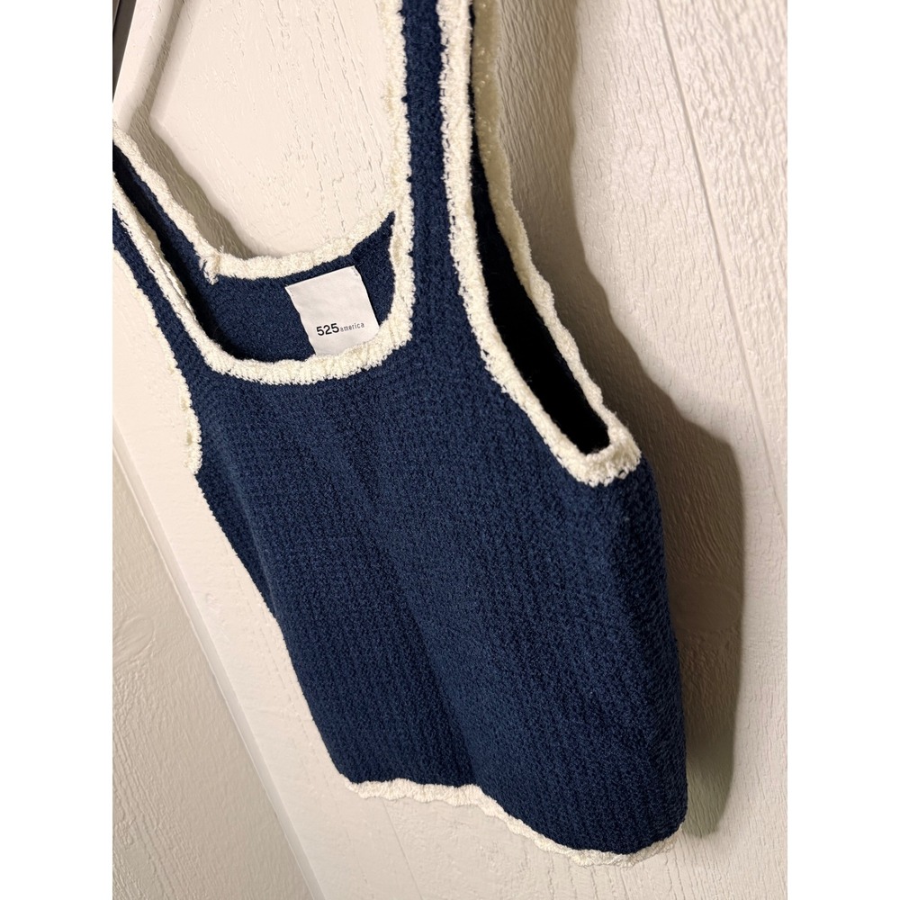 525 America Textured Square Neck Tank Top Navy Blue White Trim Cotton - Picture 2 of 3